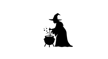 Silhouette of a witch in a hat stirring a cauldron with bubbling potion and magical elements creating a spooky halloween atmosphere isolated on white background