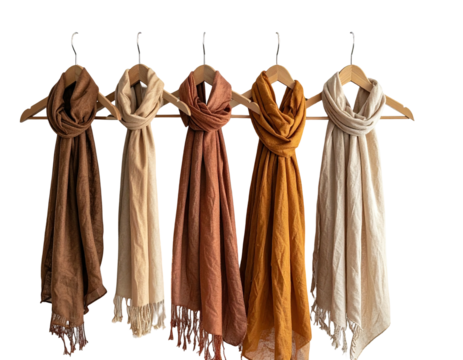 Five assorted colored scarves hanging on wooden hangers against a black background