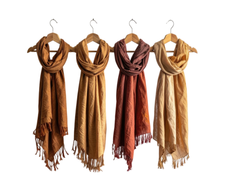 Four colorful scarves with varying hues and fringe hang on wooden hangers