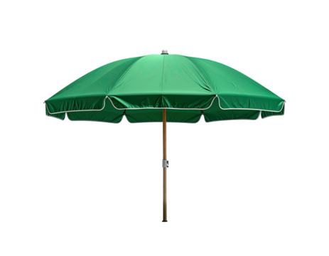 A vibrant green umbrella with a scalloped edge and wooden pole, isolated on black background