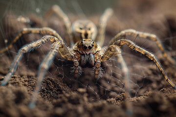 A fascinating spider showcasing its intricate web on a natural mound of soil, highlighting the beauty of nature's creatures  