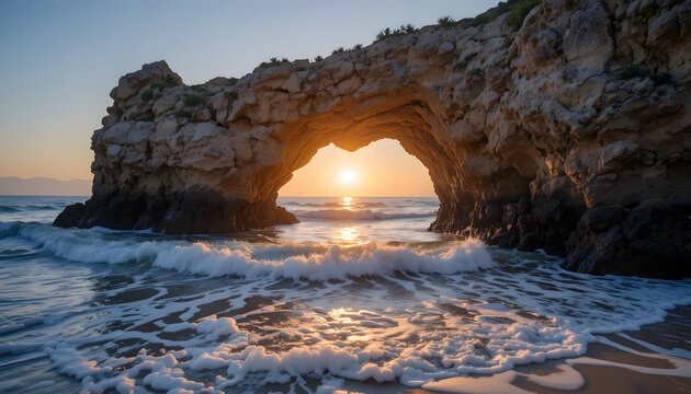Sunrise through a natural arch rock formation on a sandy beach ocean waves washing ashore creating a scenic coastal landscape
