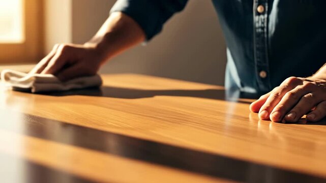 Home care in action: Man cleaning wooden table with a soft cloth, ensuring a spotless and inviting space with sunlight streaming through the window