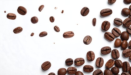 Obraz premium Overhead shot of roasted coffee beans scattered on a clean, white surface