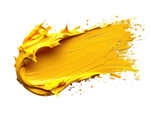 Bold yellow paintstroke with textured edges against a stark black backdrop, creating a striking visual