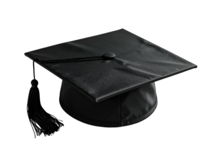 A dark graduation cap with a tassel, a button, and a square top, centered against a black background