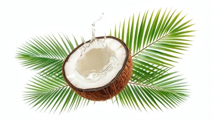 Freshly cut coconut halved with green palm leaves against a white background