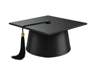 A rendered black graduation cap, with a tassel and a gold bead, isolated on a black background