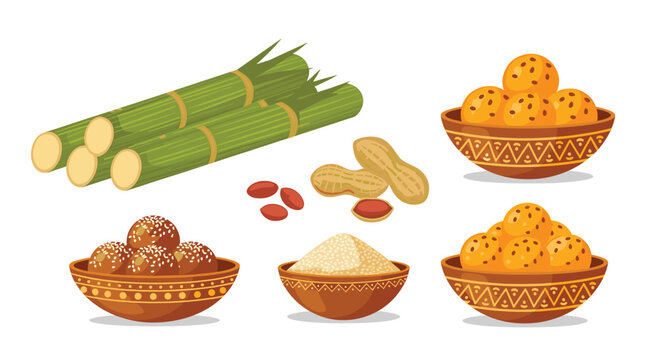 Lohri festival elements sugar cane, peanuts, sesame seeds, and laddu sweets in bowls, representing the harvest season