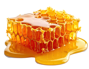 Close-up of fresh honeycomb dripping golden honey on a white background, showcasing its natural beauty