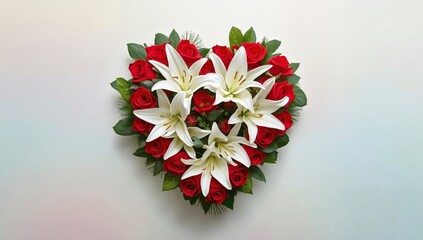 A beautiful heart shaped floral arrangement featuring white lilies and red roses against a light background