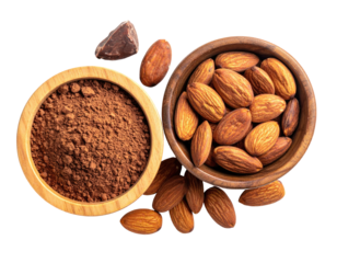 Overhead shot of wooden bowls filled with cocoa powder, almonds, and chocolate chunk