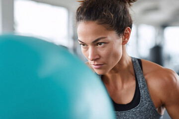 Focused woman in activewear training hard at the gym with exercise ball. Health, fitness, determination, wellbeing concept. Perfect for gym ads.