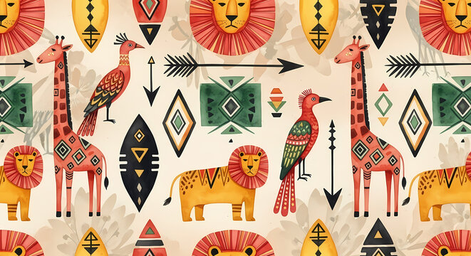 Vibrant watercolor African animals pattern art for textiles and surface designs