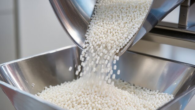 Close-up of plastic granules poured into automated feeder hopper showing macro texture of uniform pellets and metallic funnel surface in bright daylight factory setting