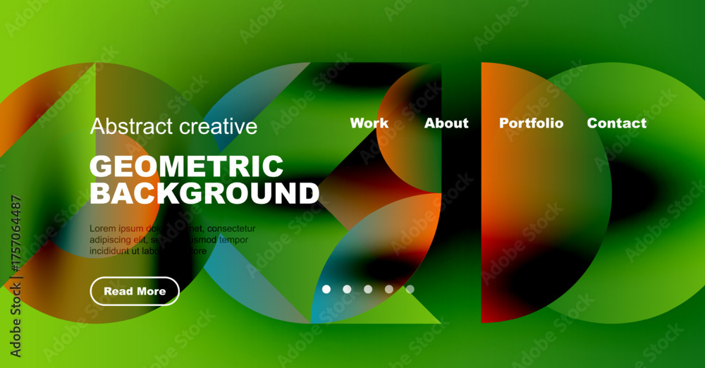Wall mural Bright geometric background features colorful overlapping shapes, text, navigation menu, plus read more button. Modern design elements present.