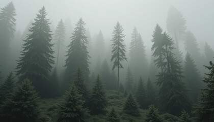 Fototapeta premium fog in the forest,Here are 25 keywords related to **fog in the forest**, no quotation marks, each followed by a comma, all in one line without line breaks:fog, forest, mist, trees, nature, wildernes