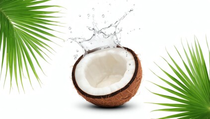 Fresh coconut halved with water splash and green palm leaves on white background