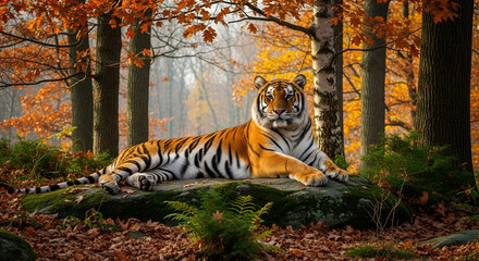 wild tiger resting on rock in autumn jungle forestwith orange leaves fall season wildlife