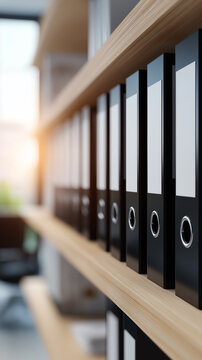 Row of black office binders with blank labels neatly arranged on a wooden shelf.
