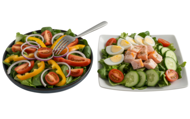 Colorful garden salad bursting with fresh vegetables and a salmon salad featuring boiled eggs, ideal for healthy eating and wellness inspiration today