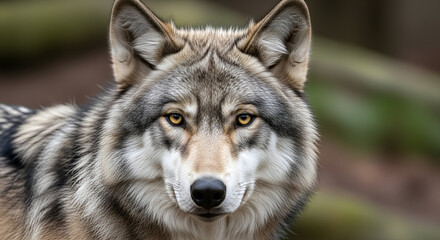 Intense close up headshot portrait of a gray wolf looking directly at the camera wildlife predator