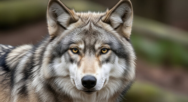 Intense close up headshot portrait of a gray wolf looking directly at the camera wildlife predator
