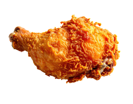 Close-up, isolated view of a crispy, golden-brown fried chicken drumstick on a dark background