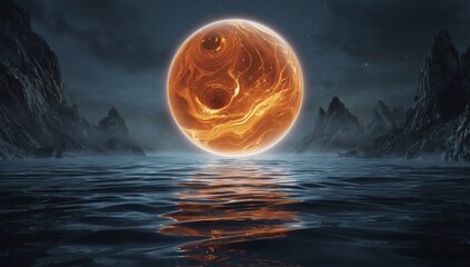 Mysterious glowing orange orb floats above dark rippling water with shadowy mountains in the background