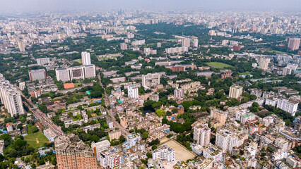 Aerial view of a densely populated old Dhaka with many buildings . Dhaka formerly spelled as Dacca, is the capital and largest city of Bangladesh