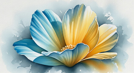 Watercolor flower with blue and yellow petals isolated on white background