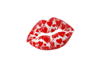 A red kiss mark with small white hearts