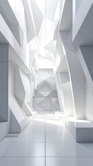 Fototapeta premium Modern, angular, white architectural interior bathed in bright sunlight
