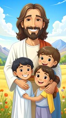 Jesus with children in a pastoral setting