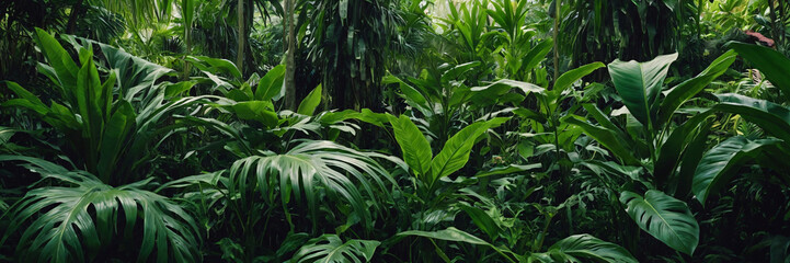Obraz premium A lush and dense tropical jungle scene, filled with various shades of green foliage and exotic plants, creating a vibrant natural background