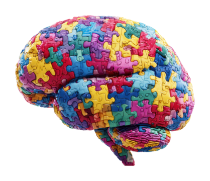 Creative puzzle brain installation gallery digital colorful isolated on transparent background