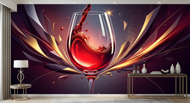 Modern Wall Mural of Splashing Red Wine in Glass with Abstract Gold Geometric Shapes