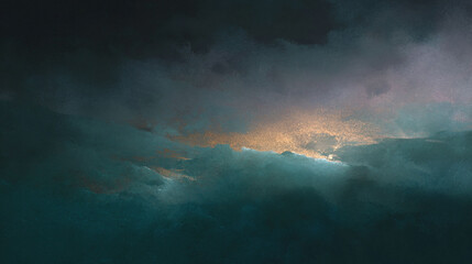 Naklejka premium Dramatic abstract of a cloudy, teal sky with a golden horizon, evokes feelings of power and mystery. Ideal as a background or for conveying a sense of depth.