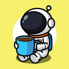 Cute Astronaut Drinking Coffee from Blue Cup Illustration for Space Cartoon Character and Relax Concept