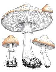 Illustration of several mushrooms
