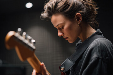 Focused female musician with electric guitar in dim recording studio. Evokes creativity, passion, artistry. Perfect for music, lifestyle, and independent spirit themes.