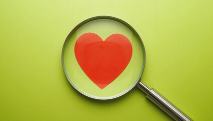 Magnifying glass focusing on a vibrant red heart symbol against a textured green background symbolizing love and discovery