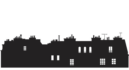 Naklejka premium Silhouette of historic terraced houses with chimneys and windows on a clear sky background architectural urban landscape isolated on white background
