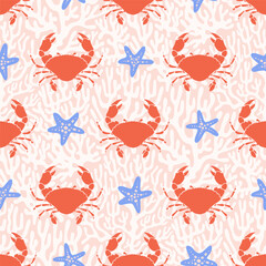 Crab Whimsical Seamless Pattern with blue starfish on pink coral Background. Vintage coastal print with retro seafood illustration and ocean life. Perfect for marine baby prints, nursery decor