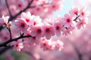 Obraz premium Pink cherry blossoms in full bloom, branches arching gracefully , floral, japanese cherry blossom