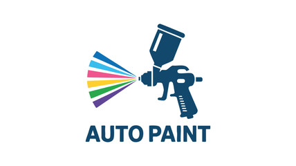 Professional auto paint spray gun logo with colorful realistic spraying effect and text