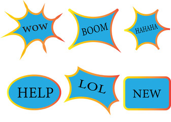 Comic speech bubbles with expressions: HELP, LOL, OH NO, BOOM, YEAH, SMASH, BANG, HELLO, NEW	