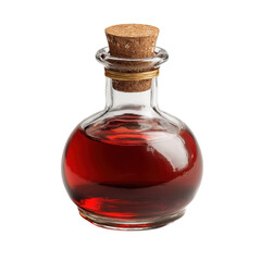 Isolated Round Glass Cruet with Cork Stopper Filled with Liquid