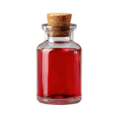 Isolated Transparent Glass Bottle with Red Liquid and Cork Stopper