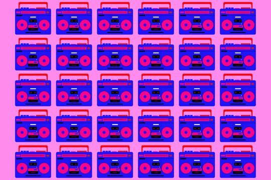 Retro beatbox radio pattern in funky pop purple background
